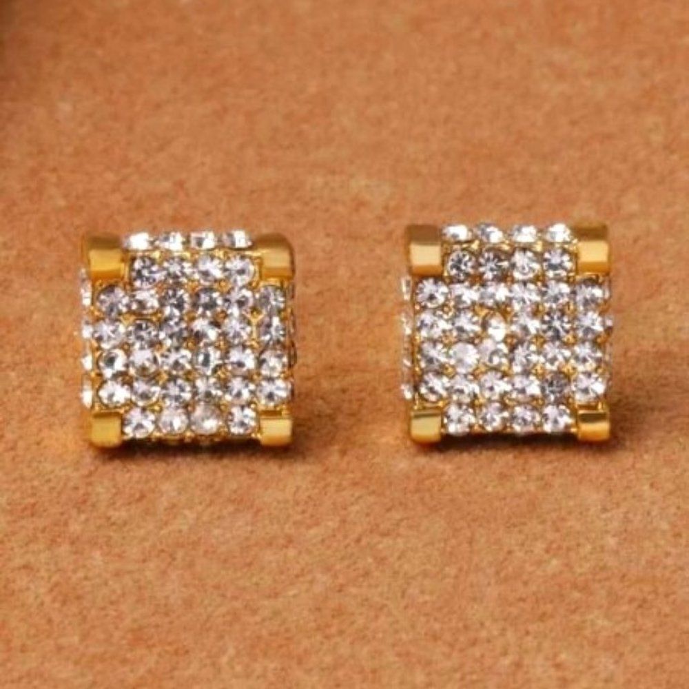 GOLD PLATED MICRO PAVE DIAMOND SQUARE UNISEX STUD EARRINGS